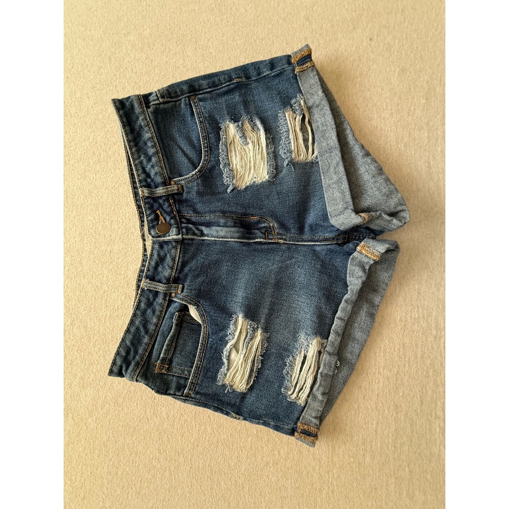 Bullhead Denim Co High Rise Distressed Cuffed Jean Shorts Medium Wash Size 27